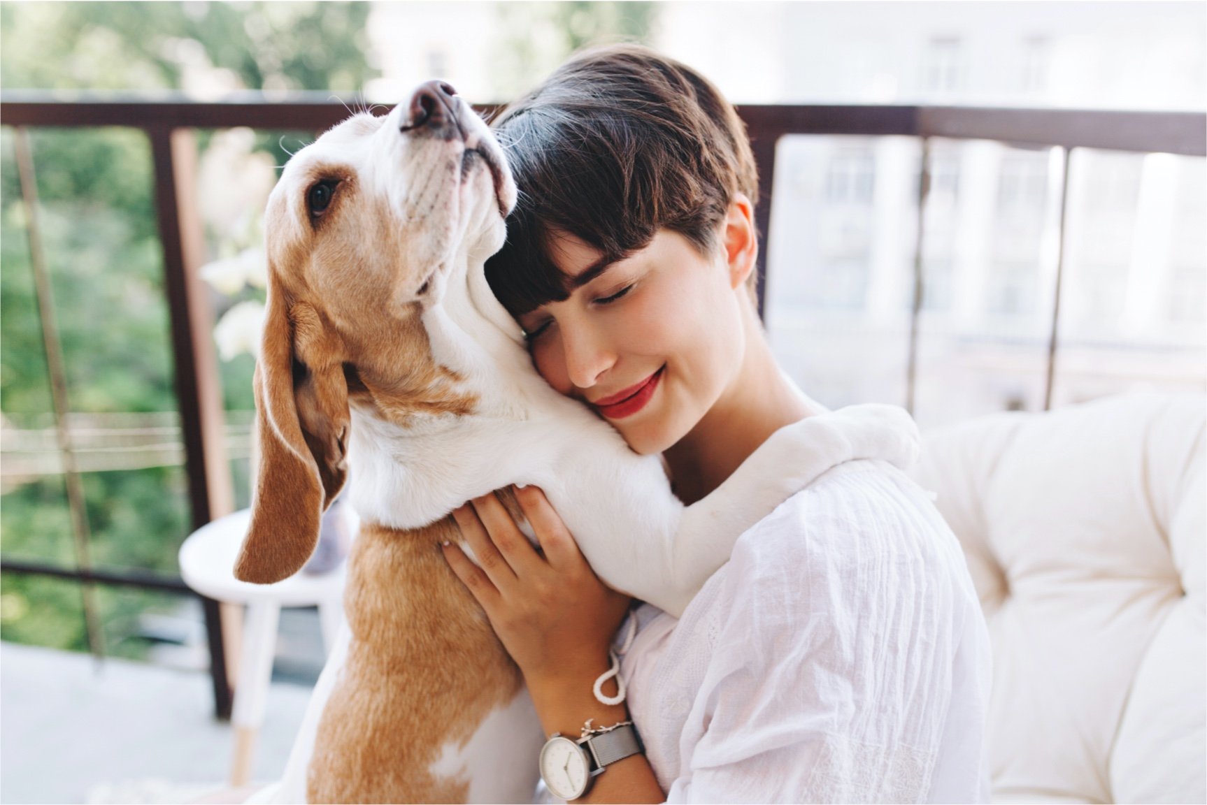 Mulher abraçando carinhosamente um cão da raça beagle